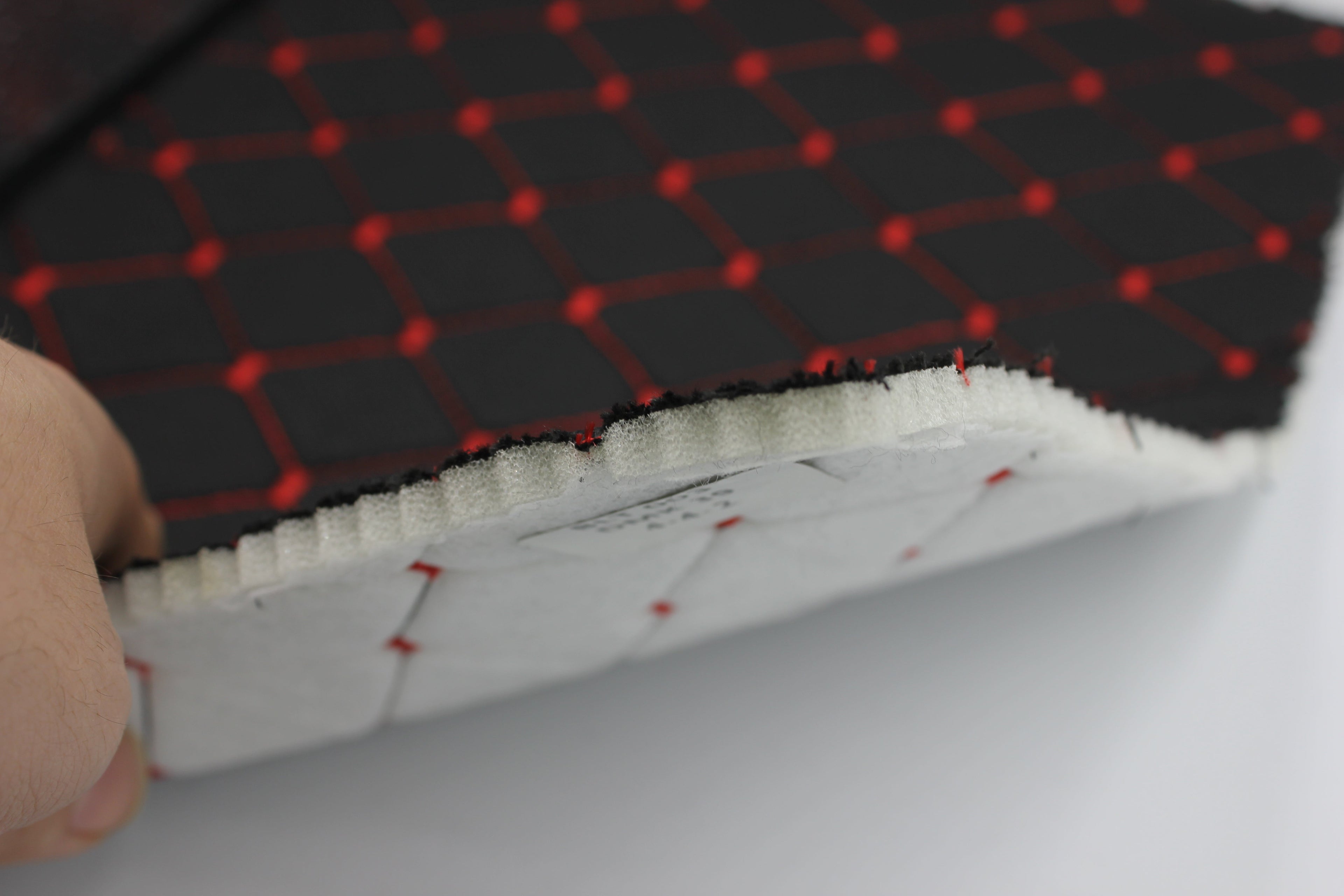 Red Quilted Black Interior Car Upholstery Fabric Diamond Stitch 2"x2"  5x5cm Size 5mm Foam 150cm - 59" inch Wide Professional Automobile