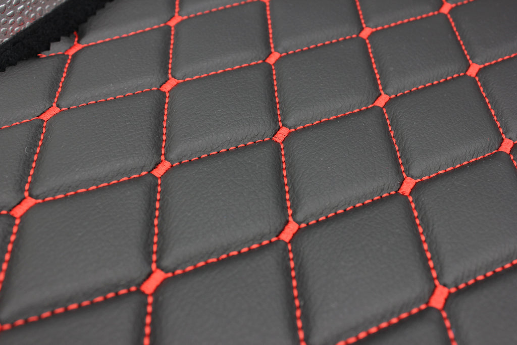 Red Quilted Black Vinyl Grain Faux Leather Car Upholstery Fabric | 2"x3" - 5x8cm Diamond Stitch with Foam | 140cm & 55.1" Wide | Artificial Leather