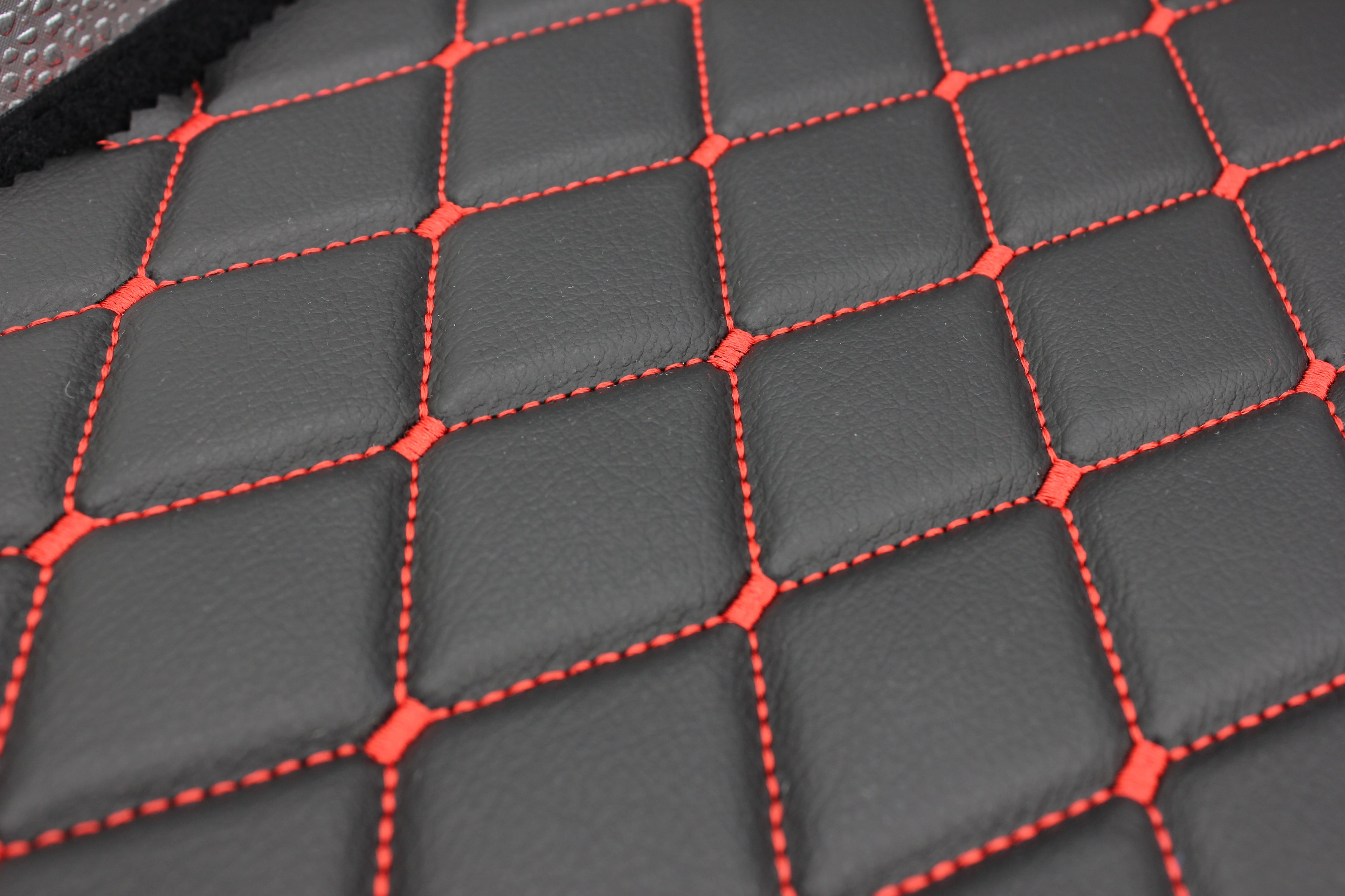 Red Quilted Black Vinyl Grain Faux Leather Car Upholstery Fabric | 2"x3" - 5x8cm Diamond Stitch with Foam | 140cm & 55.1" Wide | Artificial Leather
