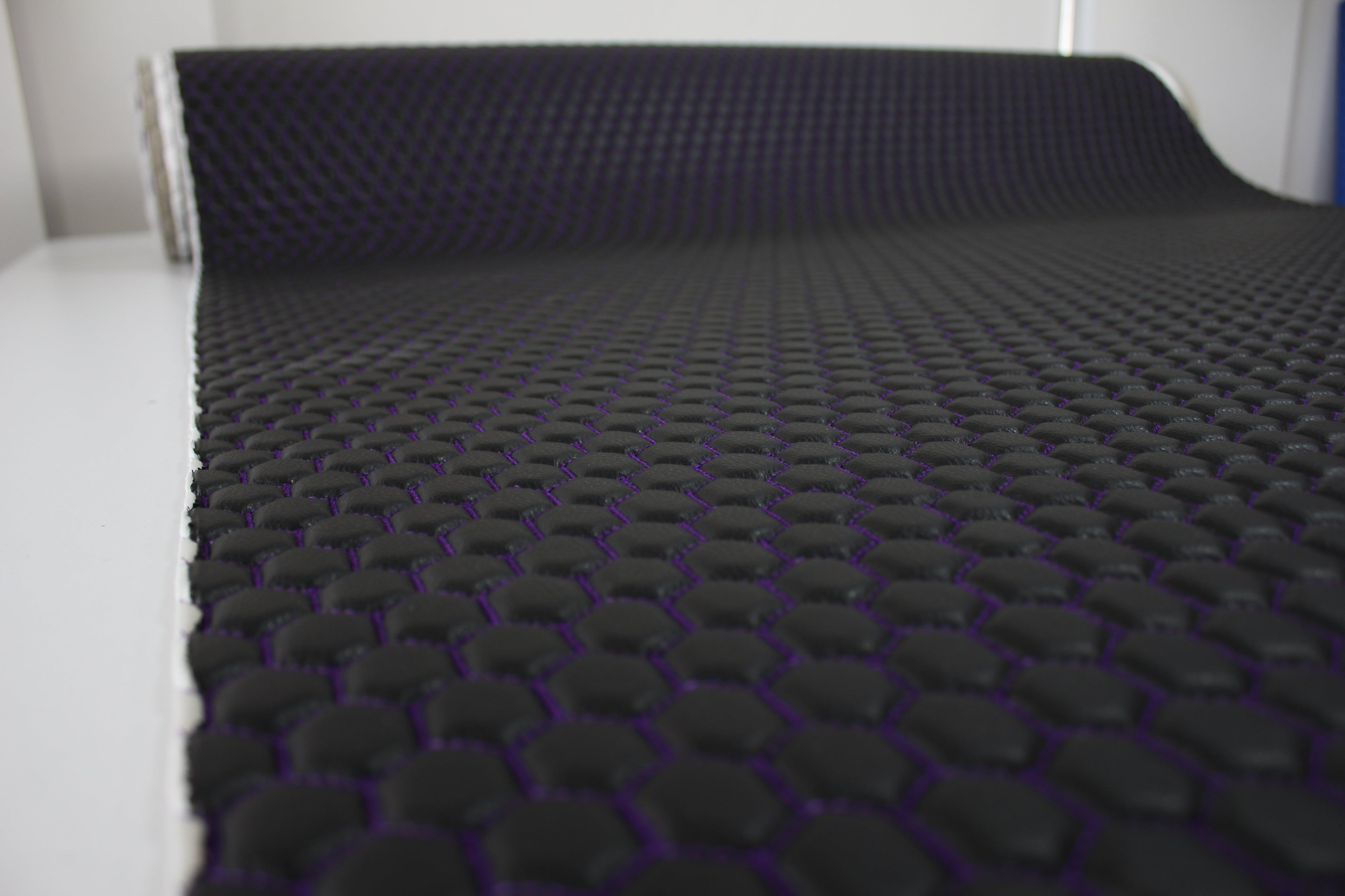 Purple Quilted Black Vinyl Faux Leather Car Upholstery Fabric | 2" x 5cm Honeycomb Pattern Stitch with 5mm Foam Backing | 140cm Wide | Automotive