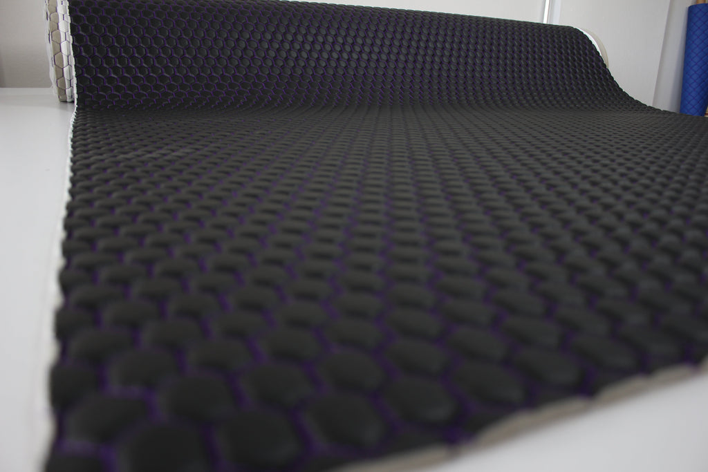 Purple Quilted Black Vinyl Faux Leather Car Upholstery Fabric | 2" x 5cm Honeycomb Pattern Stitch with 5mm Foam Backing | 140cm Wide | Automotive