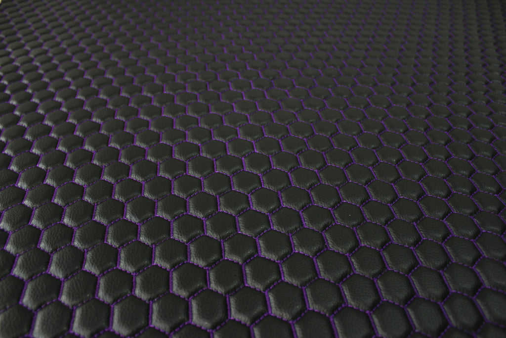 Purple Quilted Black Vinyl Faux Leather Car Upholstery Fabric | 2" x 5cm Honeycomb Pattern Stitch with 5mm Foam Backing | 140cm Wide | Automotive
