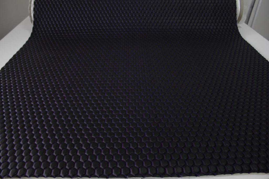 Purple Quilted Black Vinyl Faux Leather Car Upholstery Fabric | 2" x 5cm Honeycomb Pattern Stitch with 5mm Foam Backing | 140cm Wide | Automotive