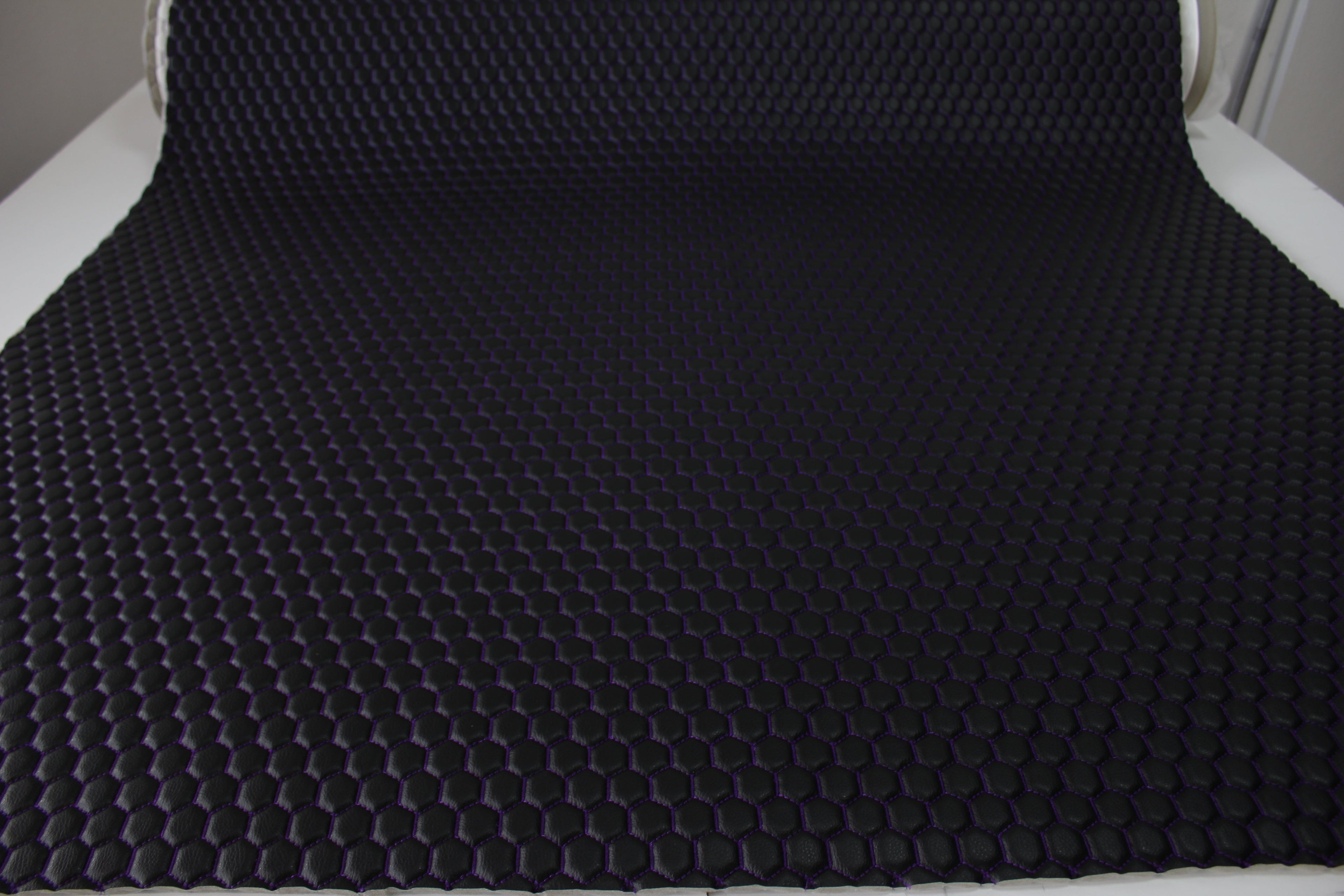 Purple Quilted Black Vinyl Faux Leather Car Upholstery Fabric | 2" x 5cm Honeycomb Pattern Stitch with 5mm Foam Backing | 140cm Wide | Automotive