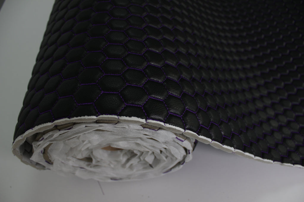 Purple Quilted Black Vinyl Faux Leather Car Upholstery Fabric | 2" x 5cm Honeycomb Pattern Stitch with 5mm Foam Backing | 140cm Wide | Automotive
