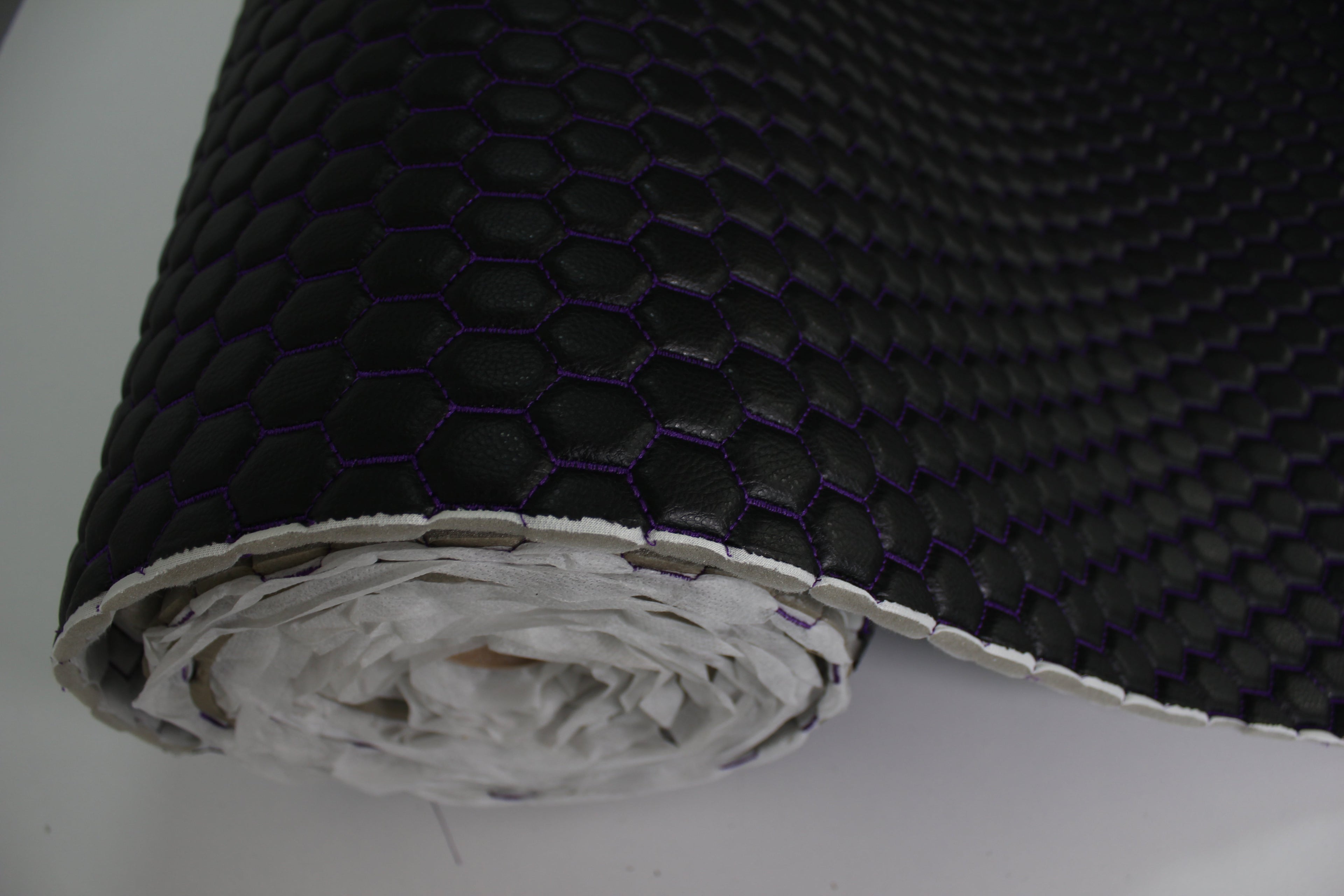 Purple Quilted Black Vinyl Faux Leather Car Upholstery Fabric | 2" x 5cm Honeycomb Pattern Stitch with 5mm Foam Backing | 140cm Wide | Automotive