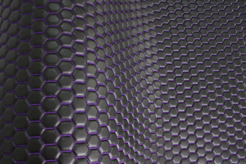 Purple Quilted Black Vinyl Faux Leather Car Upholstery Fabric | 2" x 5cm Honeycomb Pattern Stitch with 5mm Foam Backing | 140cm Wide | Automotive