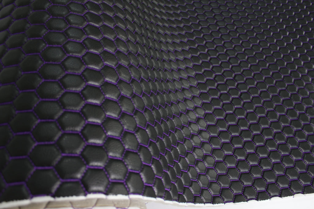 Purple Quilted Black Vinyl Faux Leather Car Upholstery Fabric | 2" x 5cm Honeycomb Pattern Stitch with 5mm Foam Backing | 140cm Wide | Automotive
