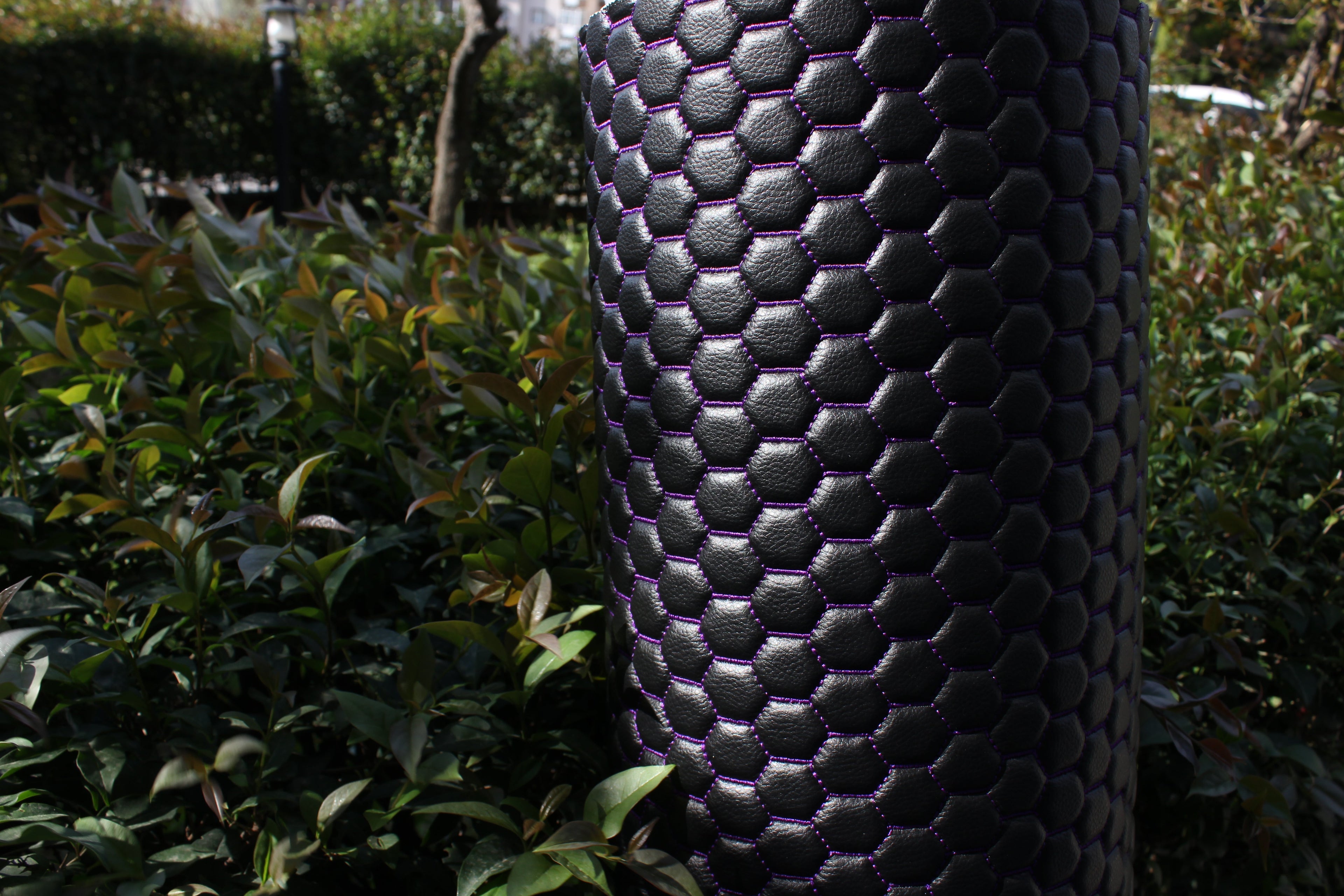 Purple Quilted Black Vinyl Faux Leather Car Upholstery Fabric | 2" x 5cm Honeycomb Pattern Stitch with 5mm Foam Backing | 140cm Wide | Automotive