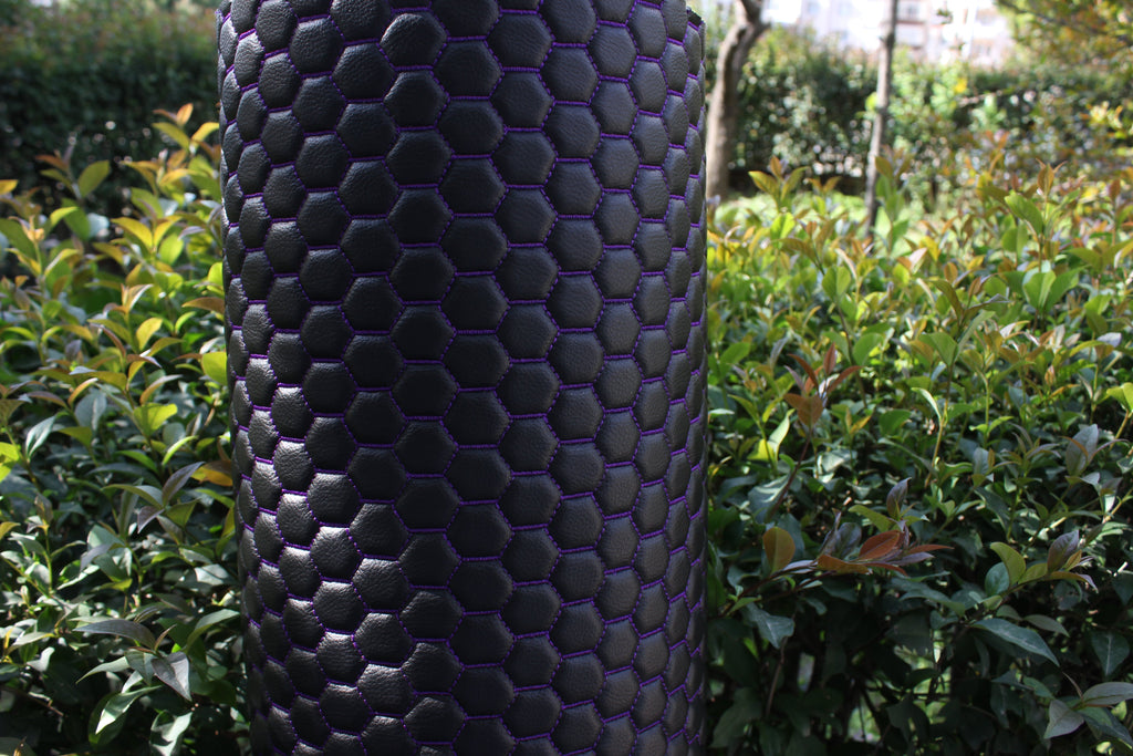 Purple Quilted Black Vinyl Faux Leather Car Upholstery Fabric | 2" x 5cm Honeycomb Pattern Stitch with 5mm Foam Backing | 140cm Wide | Automotive
