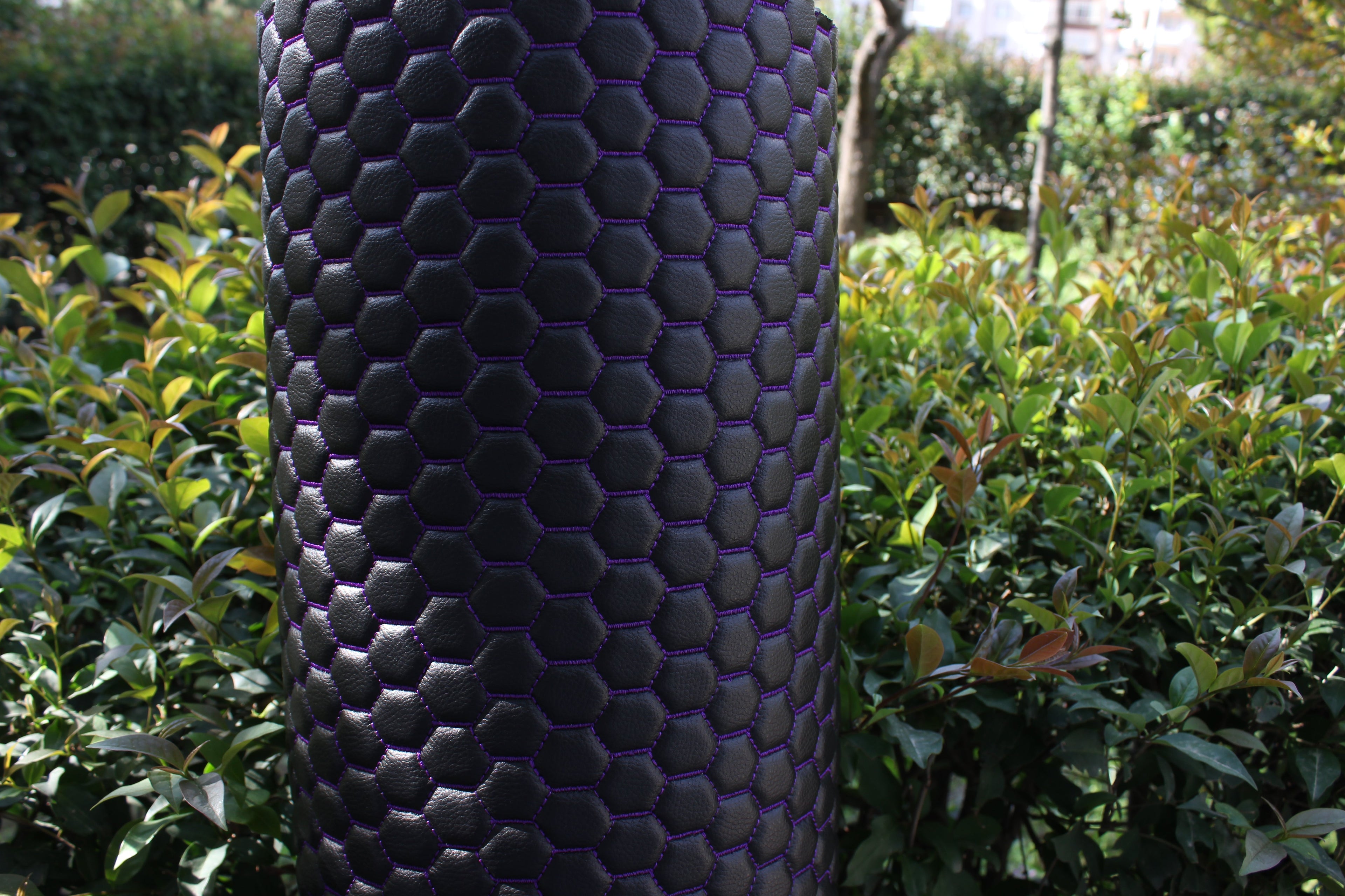Purple Quilted Black Vinyl Faux Leather Car Upholstery Fabric | 2" x 5cm Honeycomb Pattern Stitch with 5mm Foam Backing | 140cm Wide | Automotive