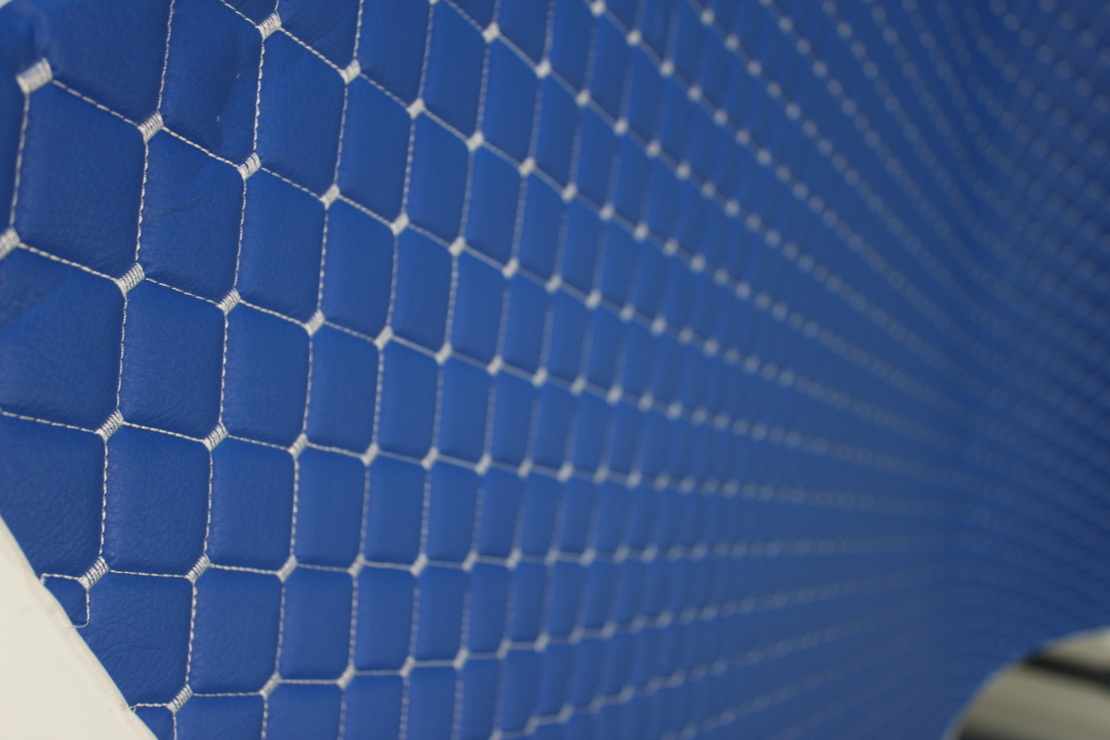 White Quilted Blue Vinyl Faux Leather Car Upholstery Fabric | 2"x2" 5x5cm Diamond Stitch with 5mm Foam | 140cm Wide | Automotive Projects
