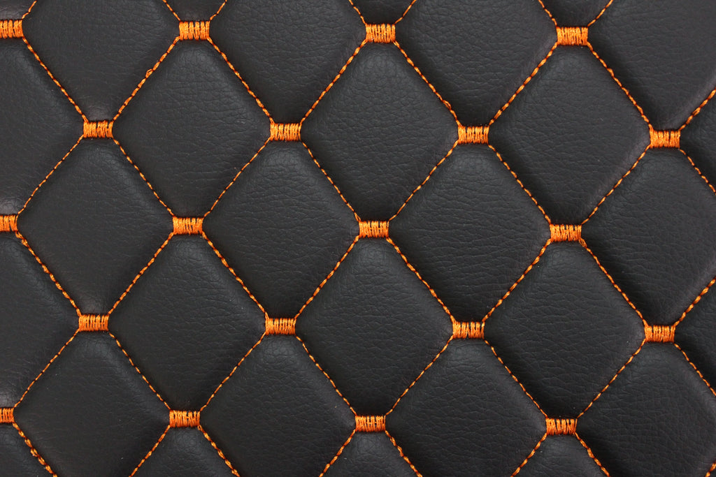Black Orange Quilted Vinyl Faux Leather Car Upholstery Fabric | 2"x2" 5x5cm Diamond Stitch with 5mm Foam | 140cm Wide | Automotive
