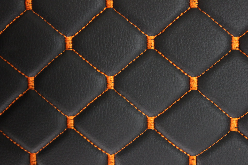 Black Orange Quilted Vinyl Faux Leather Car Upholstery Fabric | 2"x2" 5x5cm Diamond Stitch with 5mm Foam | 140cm Wide | Automotive