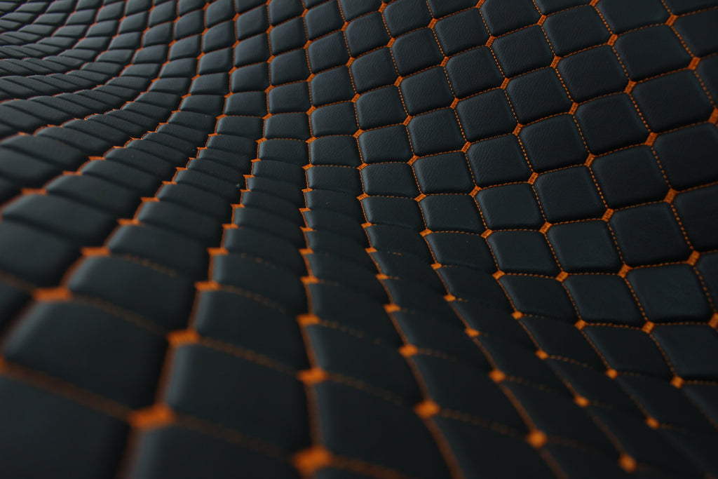 Black Orange Quilted Vinyl Faux Leather Car Upholstery Fabric | 2"x2" 5x5cm Diamond Stitch with 5mm Foam | 140cm Wide | Automotive