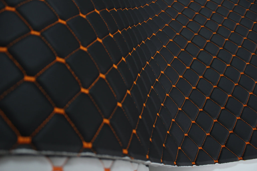 Black Orange Quilted Vinyl Faux Leather Car Upholstery Fabric | 2"x2" 5x5cm Diamond Stitch with 5mm Foam | 140cm Wide | Automotive