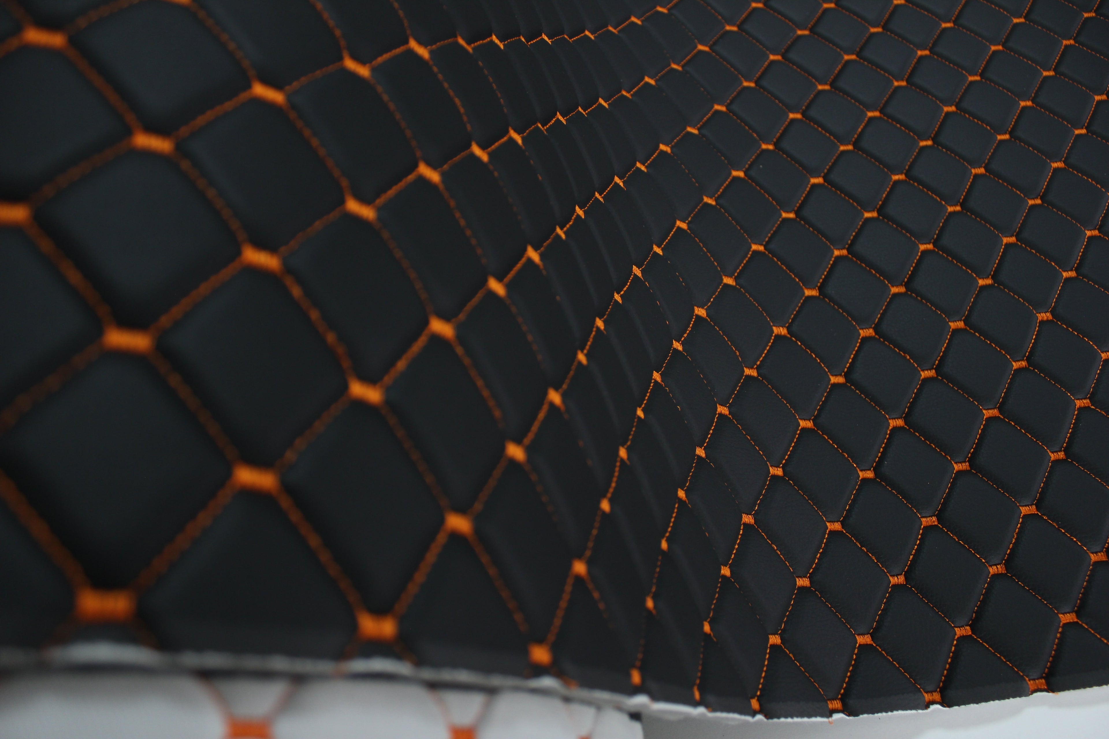 Black Orange Quilted Vinyl Faux Leather Car Upholstery Fabric | 2"x2" 5x5cm Diamond Stitch with 5mm Foam | 140cm Wide | Automotive
