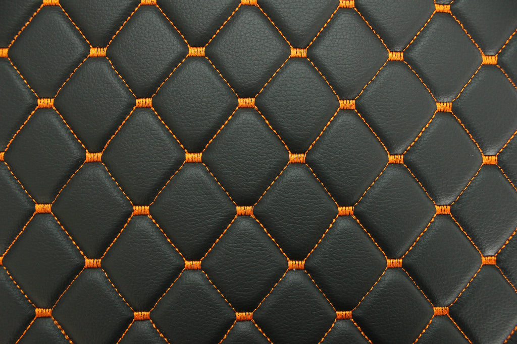 Black Orange Quilted Vinyl Faux Leather Car Upholstery Fabric | 2"x2" 5x5cm Diamond Stitch with 5mm Foam | 140cm Wide | Automotive