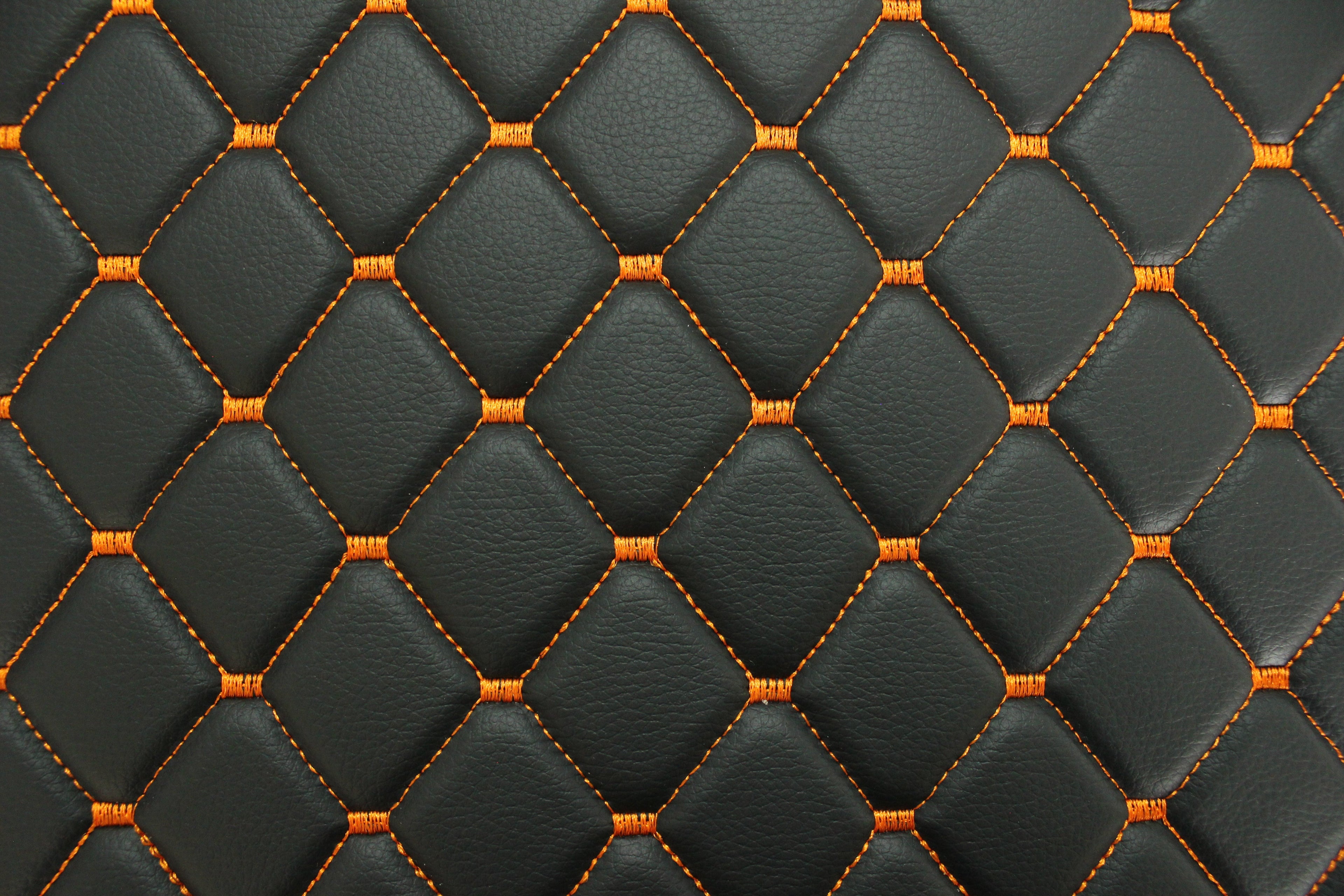 Black Orange Quilted Vinyl Faux Leather Car Upholstery Fabric | 2"x2" 5x5cm Diamond Stitch with 5mm Foam | 140cm Wide | Automotive