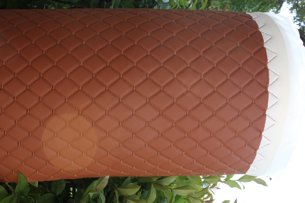Tan Brown Quilted Tan Vinyl Faux Leather Car Upholstery Fabric | 2"x2" 5x5cm Diamond Stitch with 5mm Foam | 140cm Wide | Automotive Projects