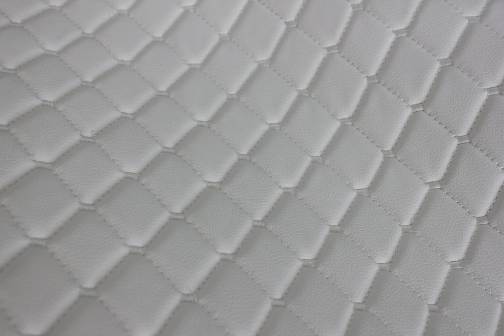 White Quilted White Vinyl Grain Faux Leather Car Upholstery Fabric | 2"x2" - 5x5cm Diamond Stitch with Foam | 140cm & 55.1" Wide | Artificial Leather