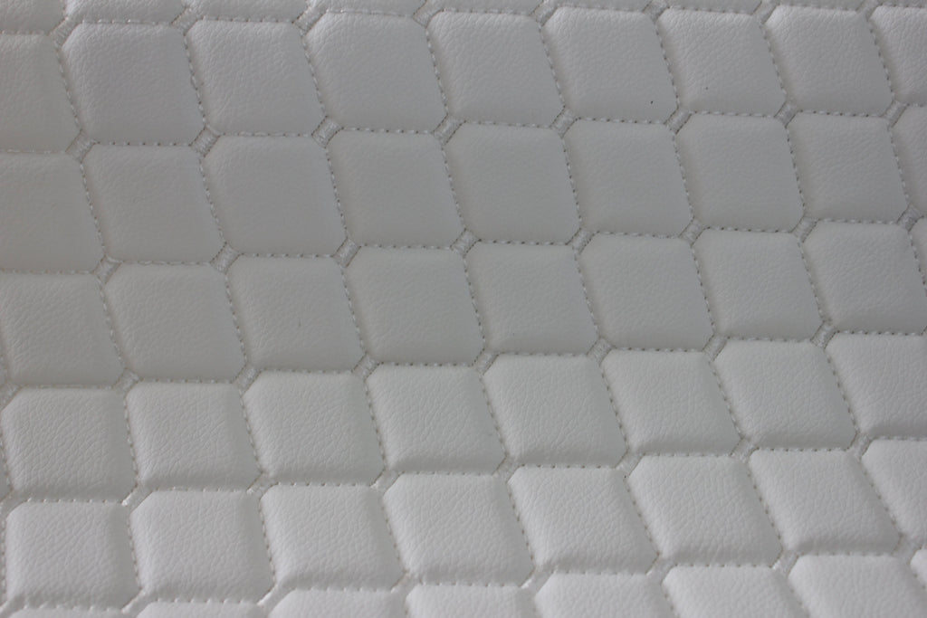 White Quilted White Vinyl Grain Faux Leather Car Upholstery Fabric | 2"x2" - 5x5cm Diamond Stitch with Foam | 140cm & 55.1" Wide | Artificial Leather