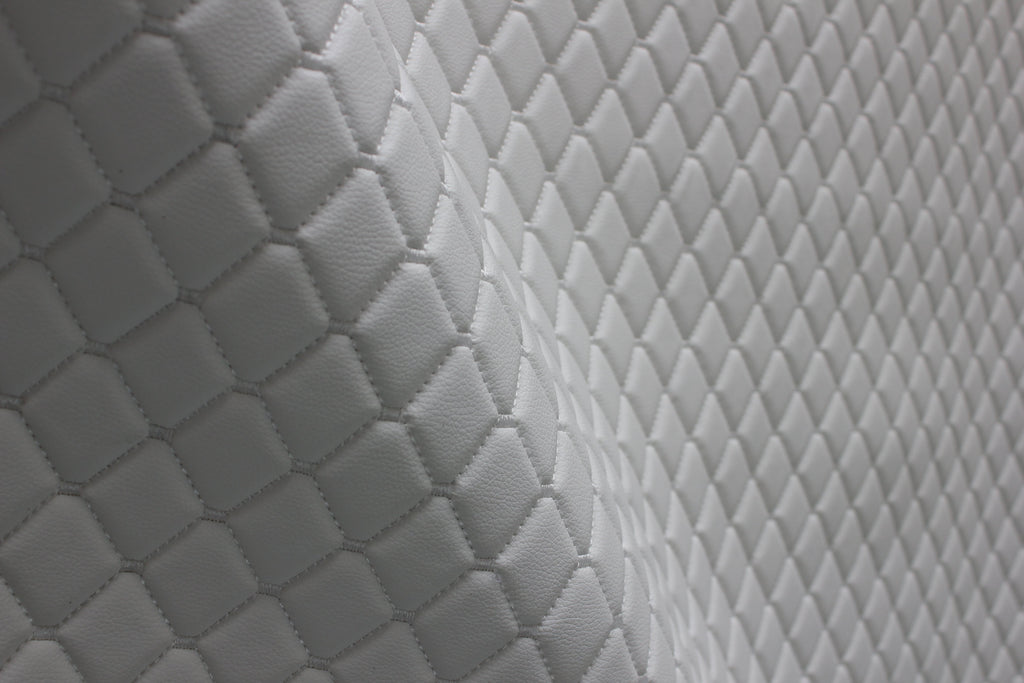 White Quilted White Vinyl Grain Faux Leather Car Upholstery Fabric | 2"x2" - 5x5cm Diamond Stitch with Foam | 140cm & 55.1" Wide | Artificial Leather