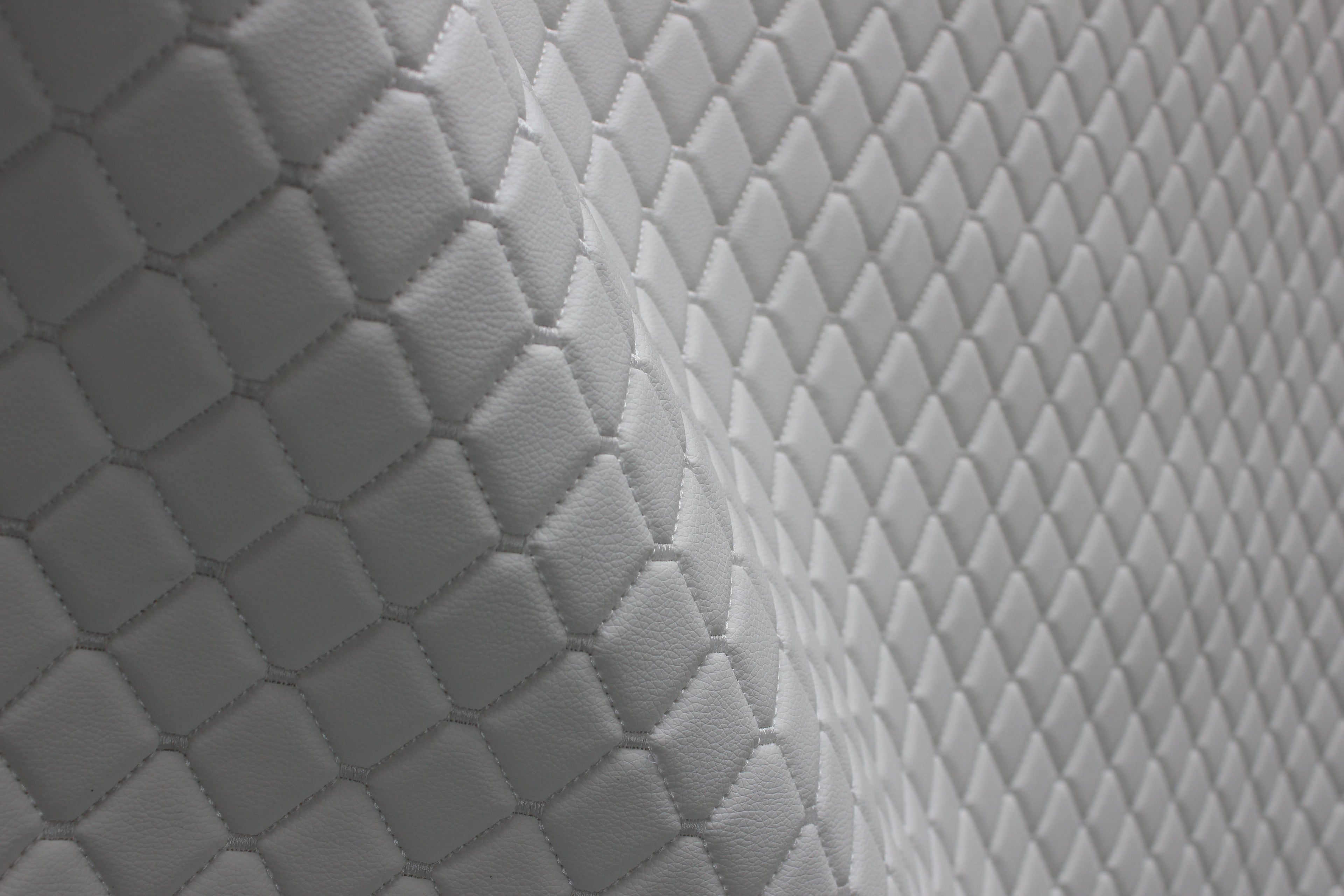 White Quilted White Vinyl Grain Faux Leather Car Upholstery Fabric | 2"x2" - 5x5cm Diamond Stitch with Foam | 140cm & 55.1" Wide | Artificial Leather