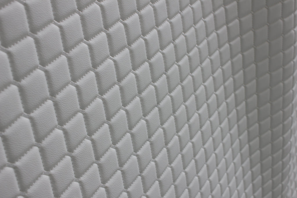 White Quilted White Vinyl Grain Faux Leather Car Upholstery Fabric | 2"x2" - 5x5cm Diamond Stitch with Foam | 140cm & 55.1" Wide | Artificial Leather