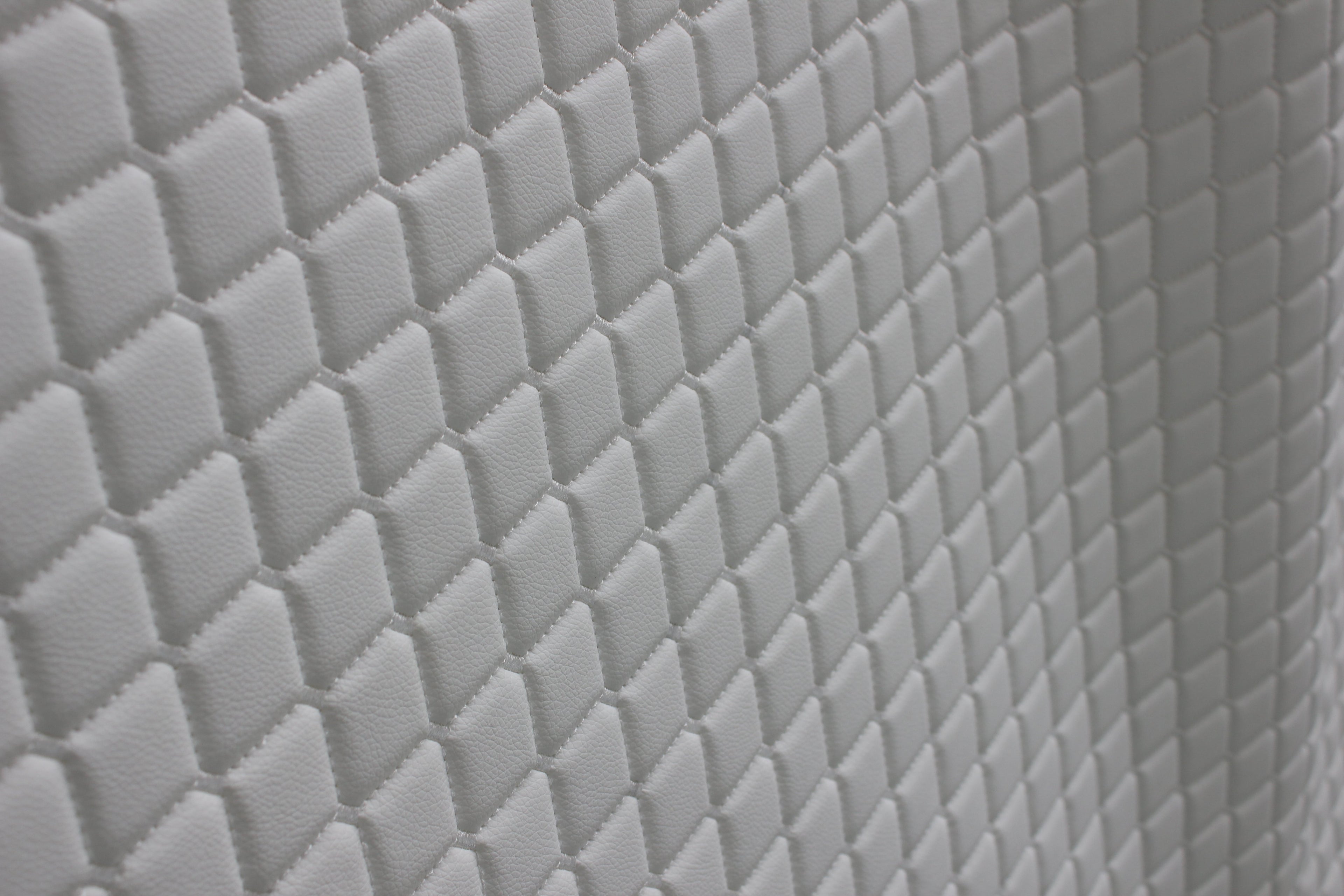 White Quilted White Vinyl Grain Faux Leather Car Upholstery Fabric | 2"x2" - 5x5cm Diamond Stitch with Foam | 140cm & 55.1" Wide | Artificial Leather