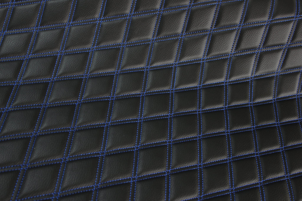 Tela de vinilo acolchado azul doble para tapicería de coche | 5 x 7,5 cm, 5 x 7,5 cm, costura de diamante, respaldo de espuma de 5 mm, 140 cm de ancho x 140 cm de ancho