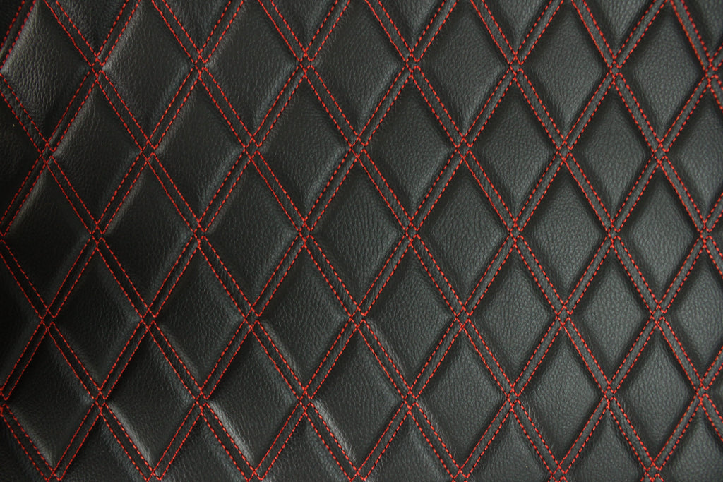 Double Red Quilted Vinyl Faux Leather Car Upholstery Fabric | 2"x3" 5x7.5cm Diamond Stitched 5mm Foam Backed 140cm Wide -55" Wide
