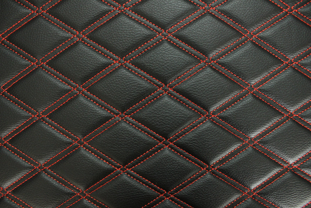Double Red Quilted Vinyl Faux Leather Car Upholstery Fabric | 2"x3" 5x7.5cm Diamond Stitched 5mm Foam Backed 140cm Wide -55" Wide