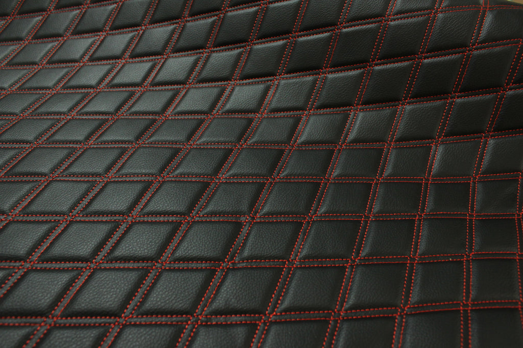 Double Red Quilted Vinyl Faux Leather Car Upholstery Fabric | 2"x3" 5x7.5cm Diamond Stitched 5mm Foam Backed 140cm Wide -55" Wide