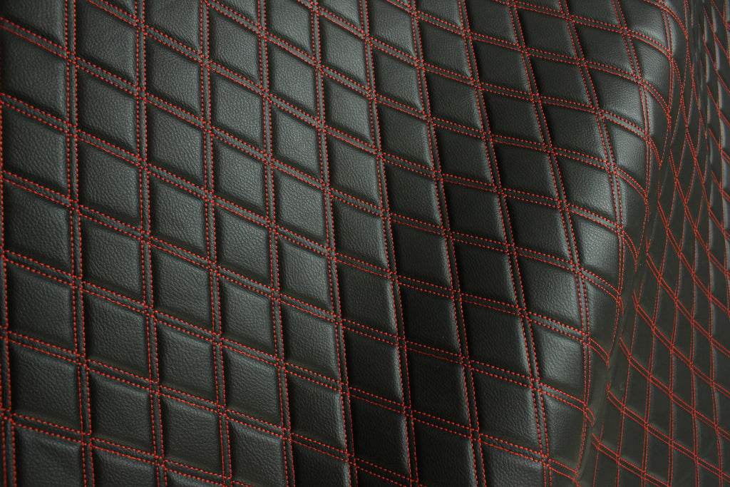 Double Red Quilted Vinyl Faux Leather Car Upholstery Fabric | 2"x3" 5x7.5cm Diamond Stitched 5mm Foam Backed 140cm Wide -55" Wide
