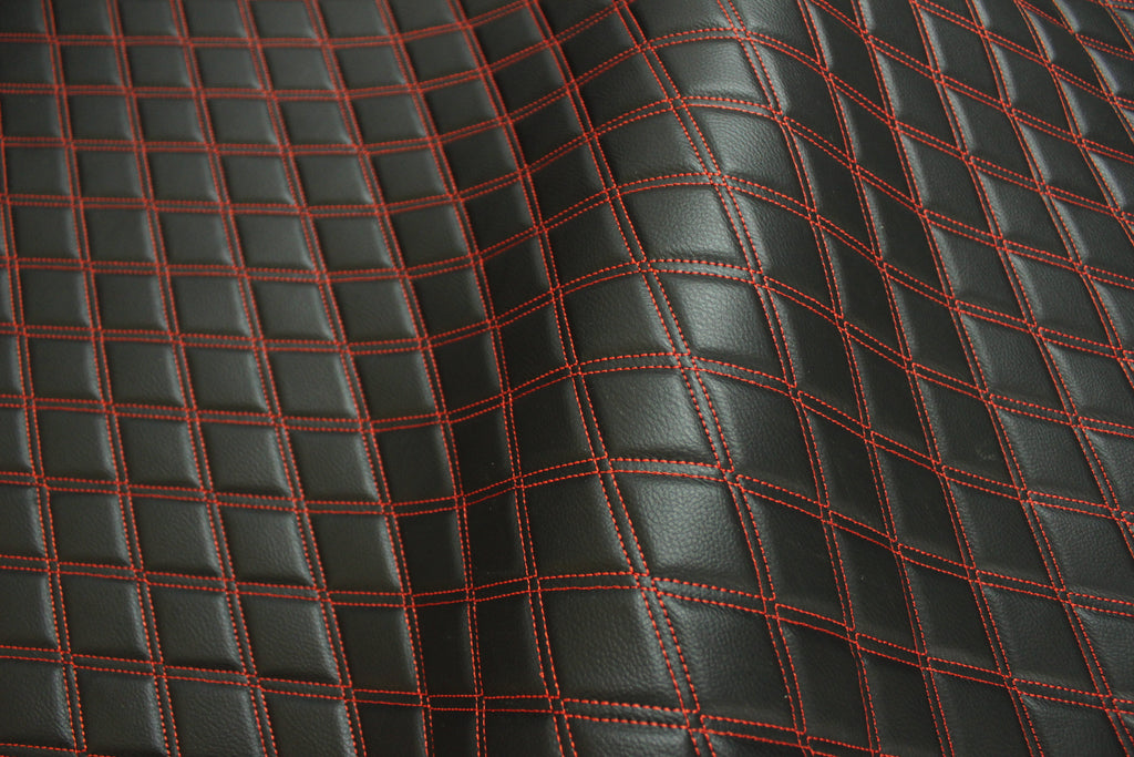 Double Red Quilted Vinyl Faux Leather Car Upholstery Fabric | 2"x3" 5x7.5cm Diamond Stitched 5mm Foam Backed 140cm Wide -55" Wide