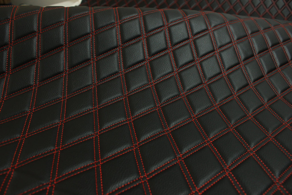 Double Red Quilted Vinyl Faux Leather Car Upholstery Fabric | 2"x3" 5x7.5cm Diamond Stitched 5mm Foam Backed 140cm Wide -55" Wide