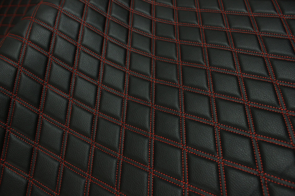 Double Red Quilted Vinyl Faux Leather Car Upholstery Fabric | 2"x3" 5x7.5cm Diamond Stitched 5mm Foam Backed 140cm Wide -55" Wide