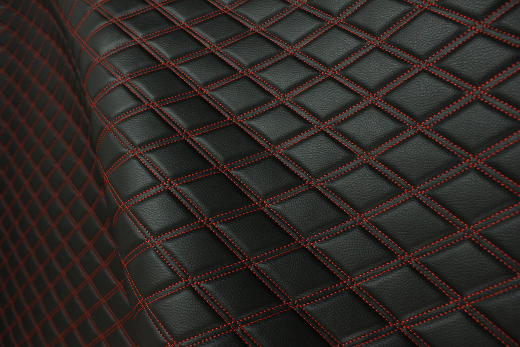 Double Red Quilted Vinyl Faux Leather Car Upholstery Fabric | 2"x3" 5x7.5cm Diamond Stitched 5mm Foam Backed 140cm Wide -55" Wide