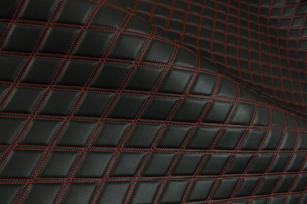 Double Red Quilted Vinyl Faux Leather Car Upholstery Fabric | 2"x3" 5x7.5cm Diamond Stitched 5mm Foam Backed 140cm Wide -55" Wide