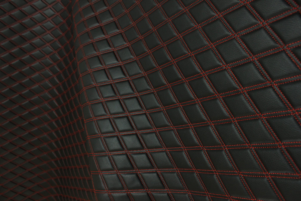 Double Red Quilted Vinyl Faux Leather Car Upholstery Fabric | 2"x3" 5x7.5cm Diamond Stitched 5mm Foam Backed 140cm Wide -55" Wide