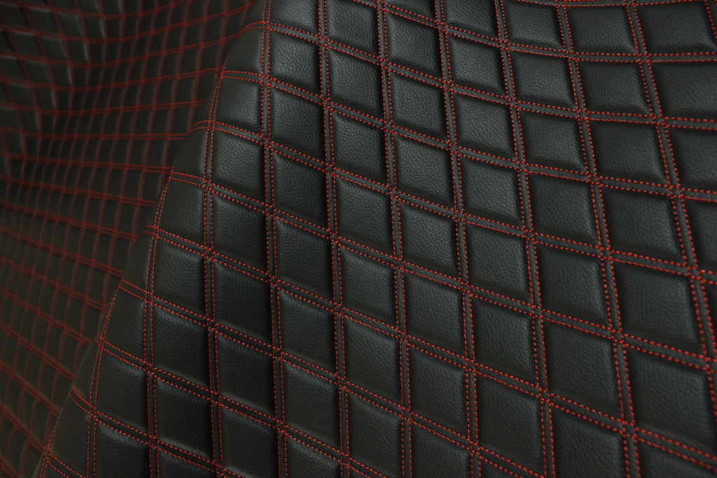 Double Red Quilted Vinyl Faux Leather Car Upholstery Fabric | 2"x3" 5x7.5cm Diamond Stitched 5mm Foam Backed 140cm Wide -55" Wide