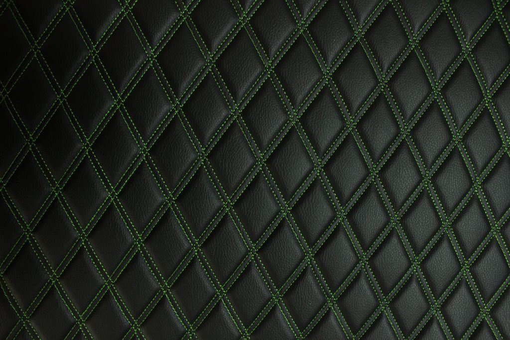 Double Green Quilted Vinyl Faux Leather Car Upholstery Fabric | 2"x3" 5x7.5cm Diamond Stitched 5mm Foam Backed 140cm Wide -55" Wide
