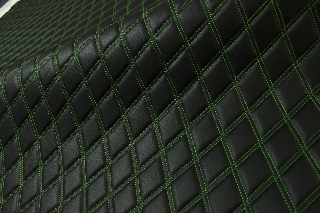 Double Green Quilted Vinyl Faux Leather Car Upholstery Fabric | 2"x3" 5x7.5cm Diamond Stitched 5mm Foam Backed 140cm Wide -55" Wide