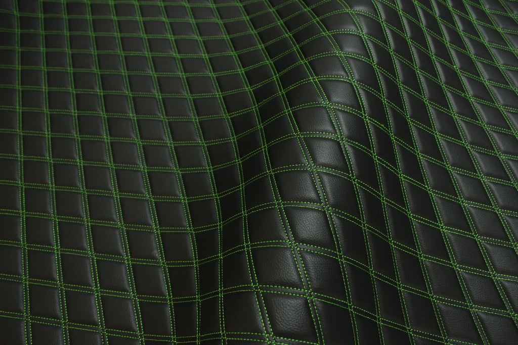 Double Green Quilted Vinyl Faux Leather Car Upholstery Fabric | 2"x3" 5x7.5cm Diamond Stitched 5mm Foam Backed 140cm Wide -55" Wide