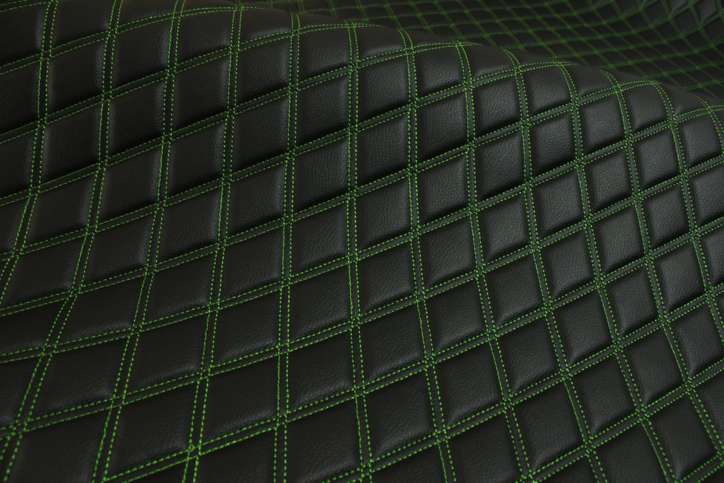 Double Green Quilted Vinyl Faux Leather Car Upholstery Fabric | 2"x3" 5x7.5cm Diamond Stitched 5mm Foam Backed 140cm Wide -55" Wide