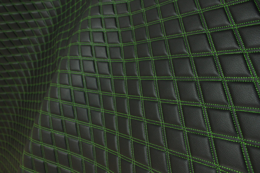Double Green Quilted Vinyl Faux Leather Car Upholstery Fabric | 2"x3" 5x7.5cm Diamond Stitched 5mm Foam Backed 140cm Wide -55" Wide