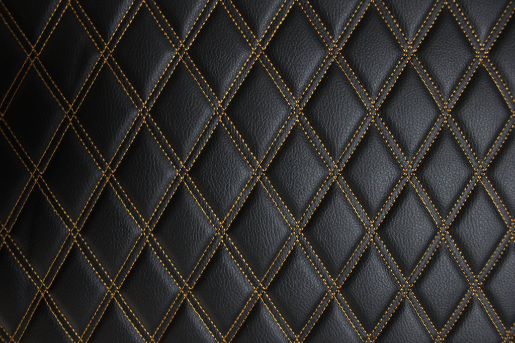 Double Gold Quilted Vinyl Faux Leather Car Upholstery Fabric | 2"x3" 5x7.5cm Diamond Stitched 5mm Foam Backed 140cm Wide -55" Wide