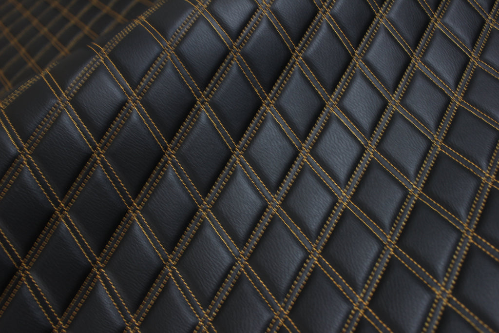 Double Gold Quilted Vinyl Faux Leather Car Upholstery Fabric | 2"x3" 5x7.5cm Diamond Stitched 5mm Foam Backed 140cm Wide -55" Wide