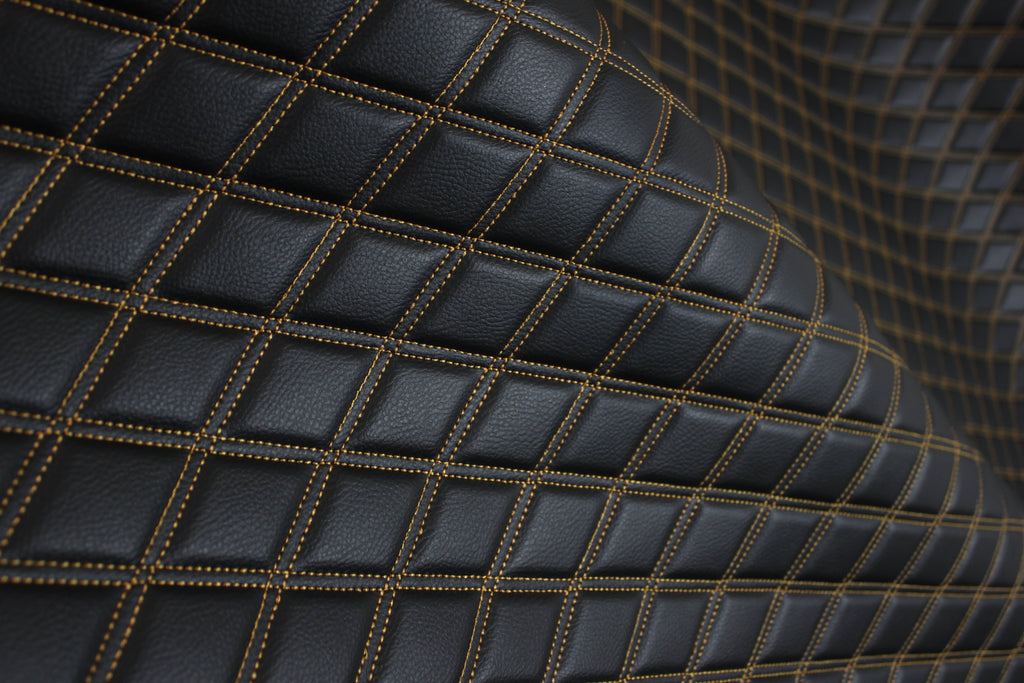 Double Gold Quilted Vinyl Faux Leather Car Upholstery Fabric | 2"x3" 5x7.5cm Diamond Stitched 5mm Foam Backed 140cm Wide -55" Wide